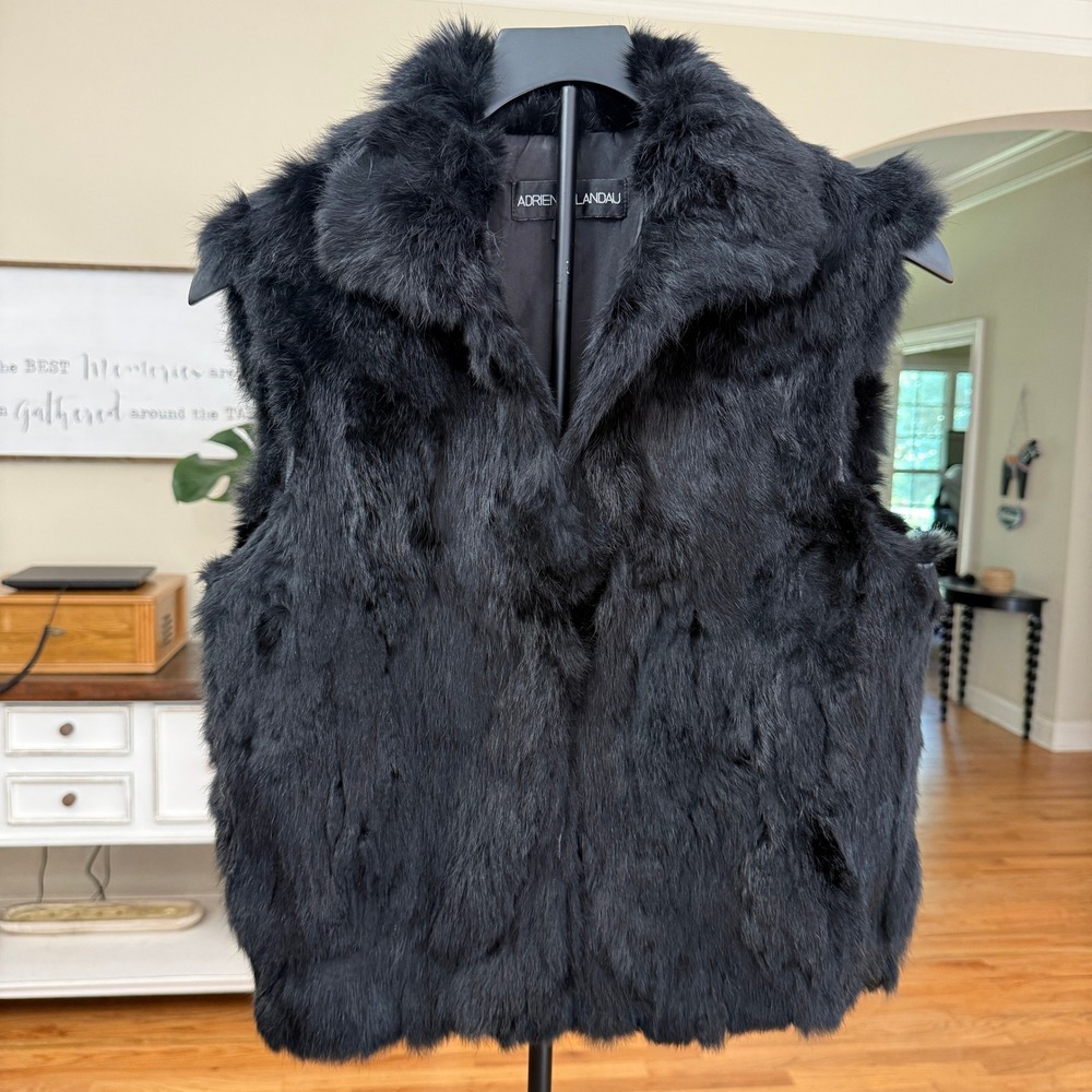 Adrienne Landau Black Real Rabbit Fur Vest Pieced Notched Collar Small